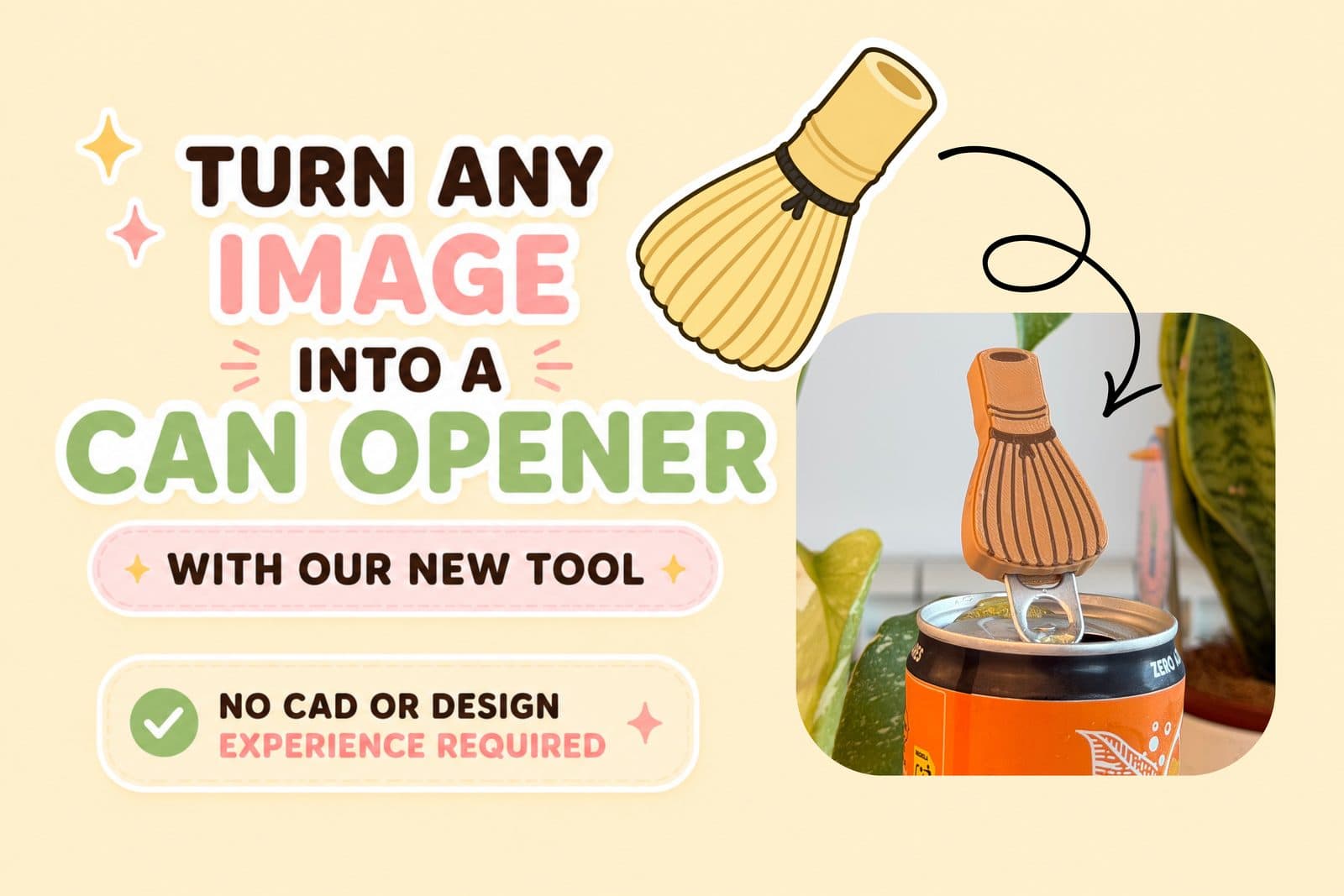 A 3D-printed matcha-whisk bead threaded onto the straw of an iced drink
